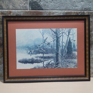 Vintage Framed Art Print Remington Wildlife Art Beecham Mallards in Flight